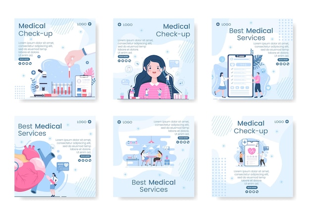 Check up medico ig post template assistenza sanitaria design piatto illustrazione modificabile di sfondo quadrato per social media, biglietto di auguri o web