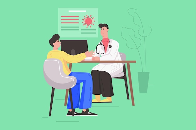 診療所とヘルスケアサービスのモダンなフラットコンセプト。医者と患者がオフィスのコンピューターでテーブルに座って話している。 webバナーデザインの人々のシーンとベクトルイラスト