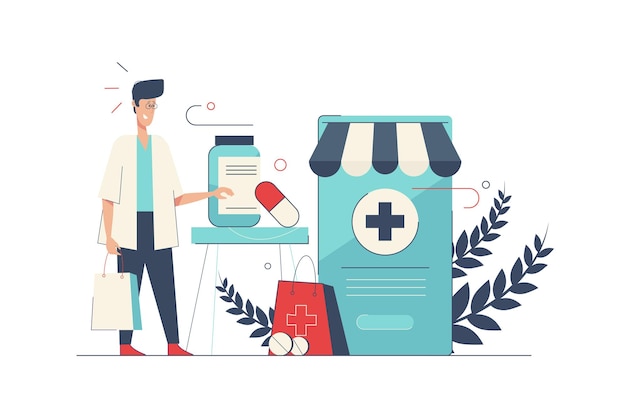 Vector medical clinic concept with people scene in flat cartoon design doctor consults and diagnostics patients prescribes treatment online pharmacy vector illustration with character situation for web