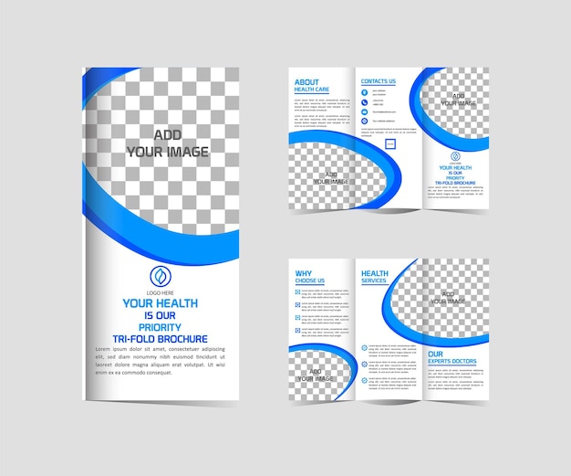 Vettore modello di brochure trifold per clinica medica e assistenza sanitaria. design modificabile e ridimensionabile