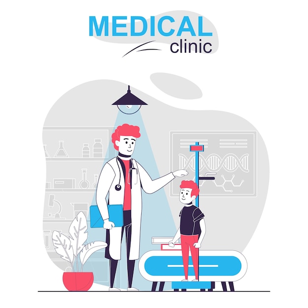 Medical clinic isolated cartoon concept pediatrician measures boy height examines patient