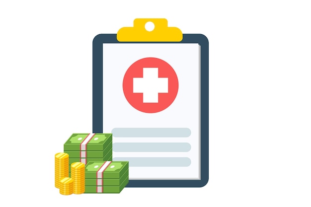 Vector medical clipboard document with money, health insurance form with pile of money,