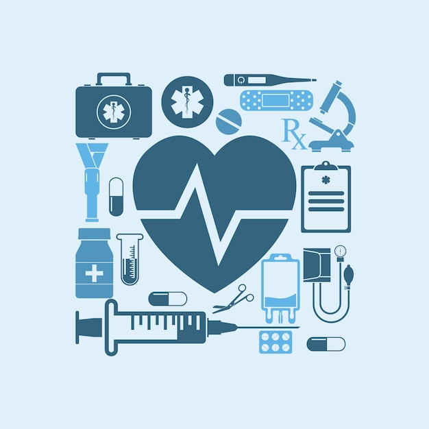 Sfondo di concetto medico. icone di apparecchiature mediche, diagnostica e medicina. fondo astratto della medicina. illustrazione vettoriale.