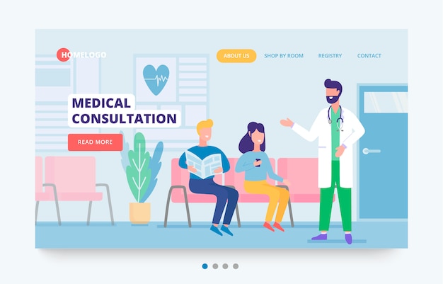 Medical concept banner template. Hospital services site header. Illustration of medical care with characters of doctor, patients in a hospital reception. Can use for clinic backgrounds.