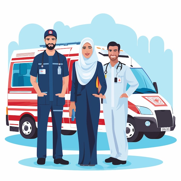 ベクトル 医療コンセプト イスラム教徒の救急隊員 男性 緊急医師 看護師と救急車の詳細なイラスト