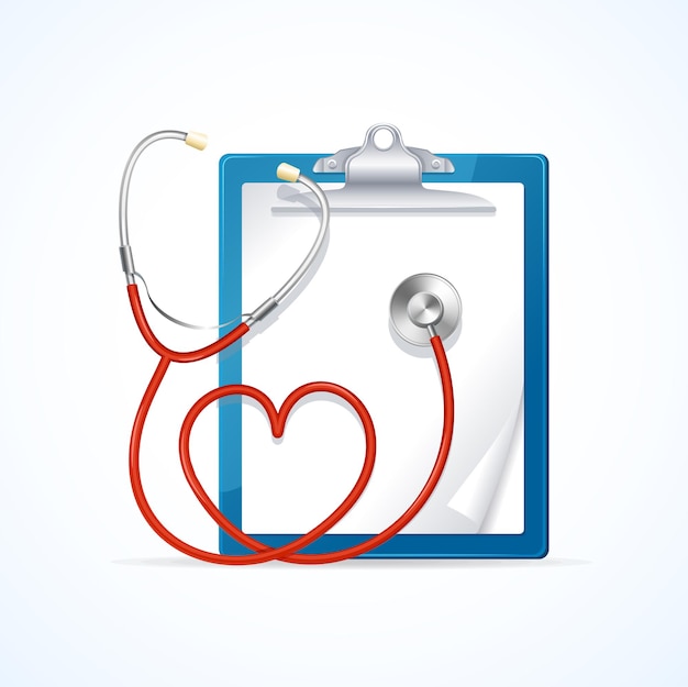 Medical Concept Diagnosis Health Care Stethoscope In Shape Of Heart and Clipboard. Vector illustration