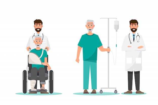 Medical concept. old man sit on a wheelchair and stand with doctor take care