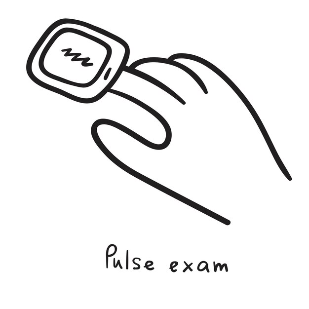 Medical concept. Pulse exam. Black color. Vector hand drawn outline icon on white background.