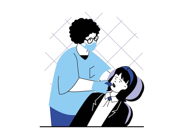 Medical concept with character situation Dentist examines patient oral cavity treats teeth Woman visiting doctor in stomatology cabinet Vector illustration with people scene in flat design for web