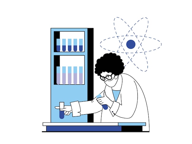 성격 상황과 의료 개념 의사 연구원은 실험실 연구 질병에서 화학 테스트를 만들고 웹에 대한 평면 디자인의 사람들 장면과 실험실 벡터 일러스트 레이 션에서 약물을 개발