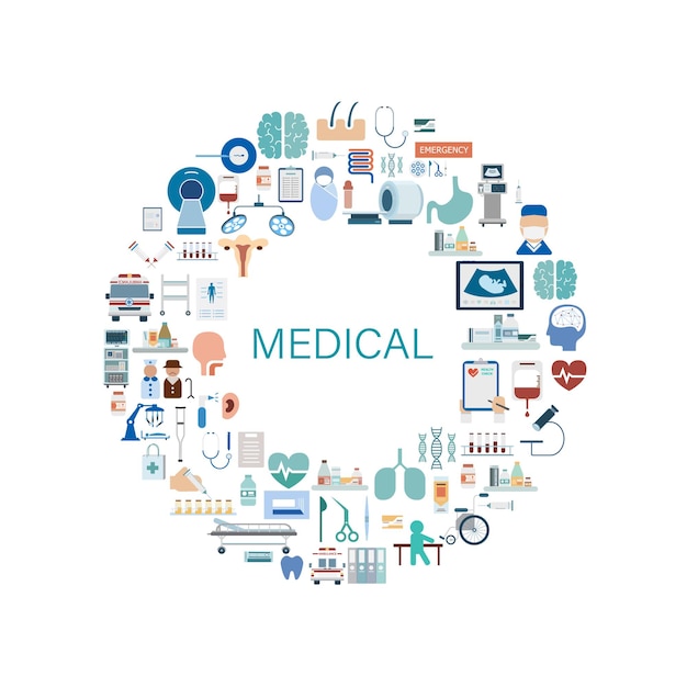Vettore concetto medico con icone mediche design piatto illustrazione vettoriale