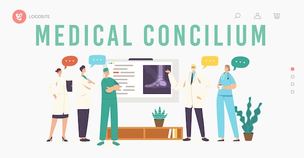 Medical concilium landing page template. doctors in chamber with patient broken leg x-ray on screen, clinic staff characters discussing limbs xray images on board. cartoon people vector illustration