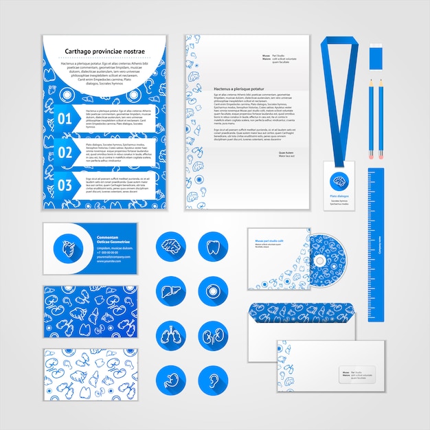 Medical corporate identity design with modern flat icons. business set stationery