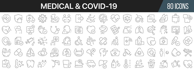 Medical and covid19 line icons collection big ui icon set in a flat design thin outline icons pack vector illustration eps10