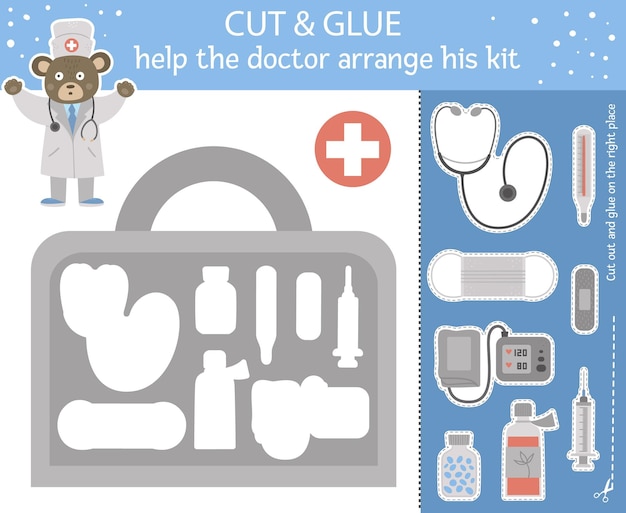 Medical cut and glue for children. medicine educational activity with cute doctor bear and first aid kit with equipment. help the doc arrange his bag.