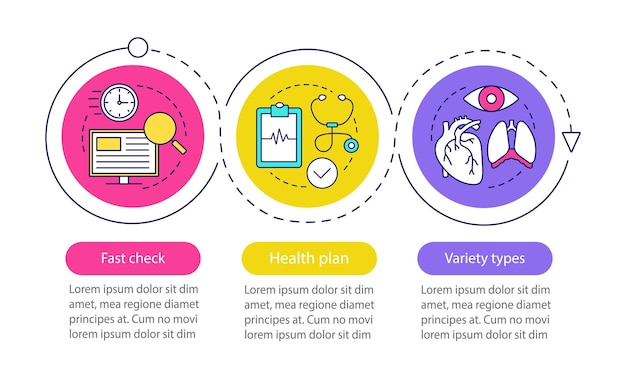 Medical diagnosis vector infographic template fast check health plan variety types data visualization with three steps and options process timeline chart workflow layout with icons