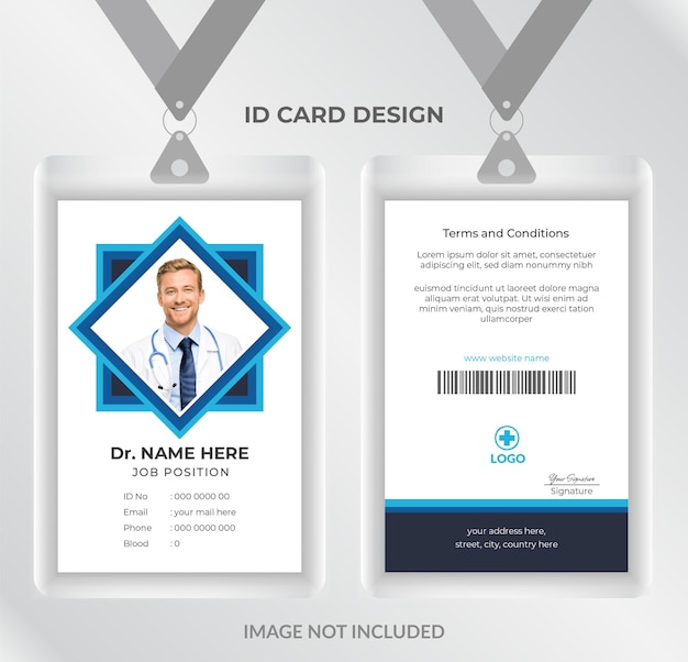 Vettore modello di carta d'identità astratta del medico con disegno piatto o carta d'identità