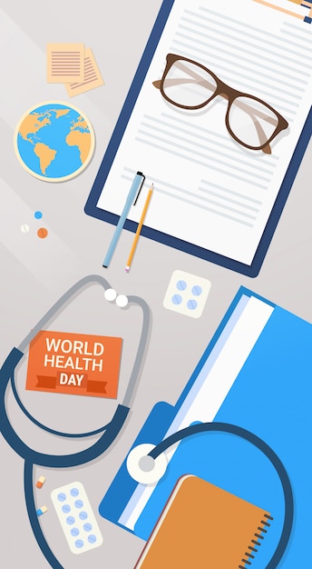 Vector medical doctor workplace top view world health day concept