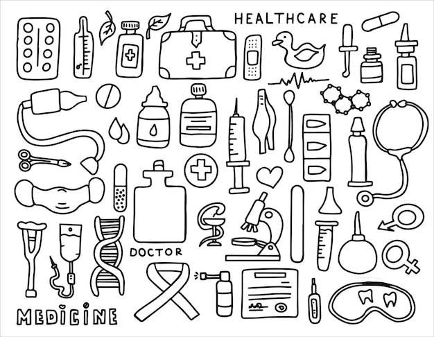 Вектор Плакат с медицинскими каракулями с пробирками для лекарств и шаблоном большого аптечного набора термометра для