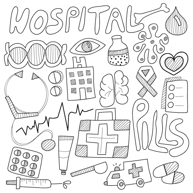 Medical doodle, with black and white business sign, symbols and icons.