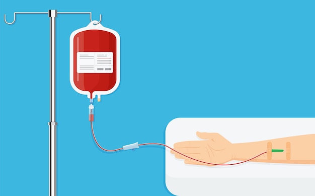 Medical dropper with blood bag. Blood donation day concept for poster. Bag with tube, hand donor. vector illustration. flat design style. Human donated blood