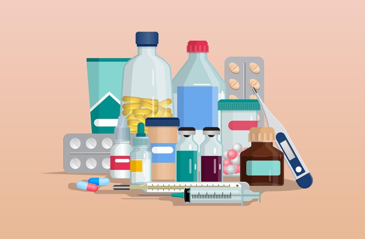 Vector 医薬品 薬局のボトル 薬剤のブリスター 処方薬の抗生物質 アスピリンやビタミン 医療薬 薬剤 アンプール ベクトルイラストレーション 現在のコンセプト