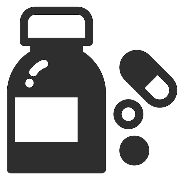 Icona dei farmaci medici bottiglia con compresse e pillole isolate su sfondo bianco
