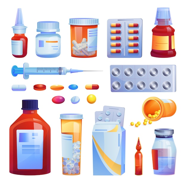 Medical drugs, pills and capsules set isolated cartoon icons.  various meds, glass bottles