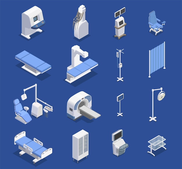 Vector medical equipment isometric set with sixteen isolated icons of surgical facilities chairs tables and various appliances vector illustration