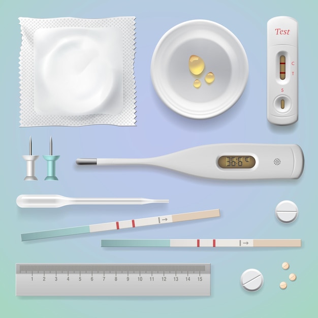 Vector medical equipment positive pregnancy tests set vector illustration