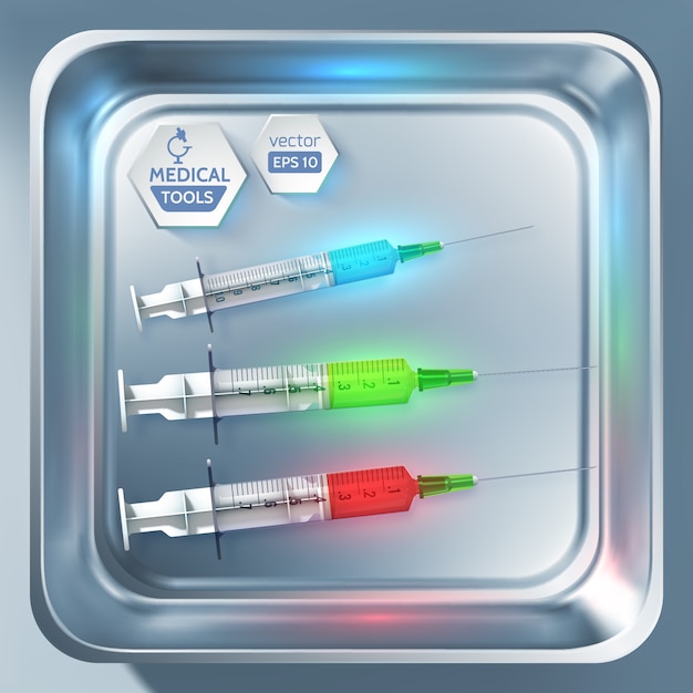 Medical equipment template with syringes and injections of different colors in sterilizer isolated illustration