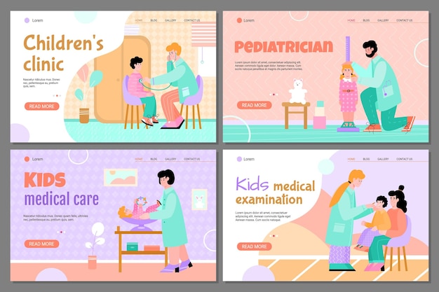 Vector medical examinations of children and their health care set of landing page templates