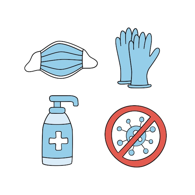 コロナウイルスに対する医療用フェイスマスク、ラテックス手袋、消毒剤ボトル。白で隔離されるCovid-19保護キット。手描きのvイラスト