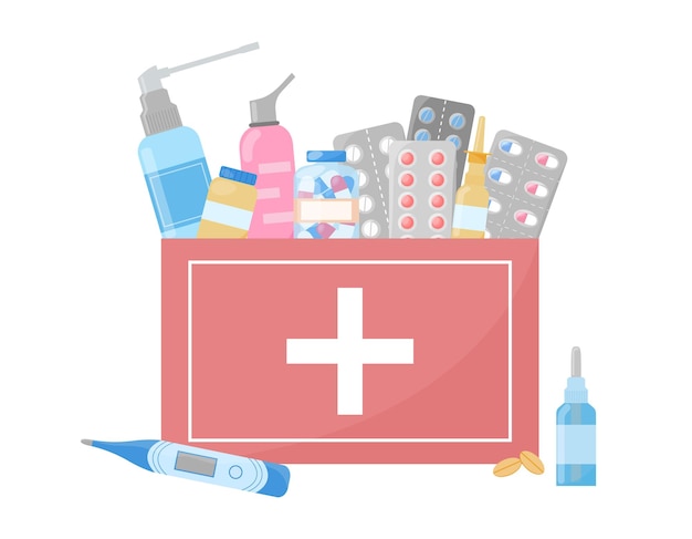 medical first aid kit medicines pills capsules sprays bottles in box home pharmacy products