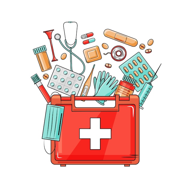 Vector medical first aid kit with different pills and thermometer, healthcare. vector illustration in cartoon style