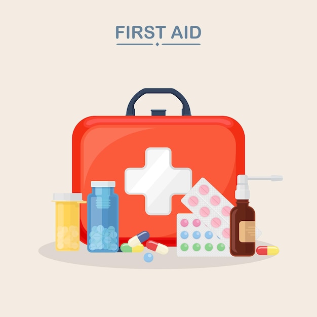 Medical first aid kit with pill bottle, capsules, blister of painkiller. Healthcare