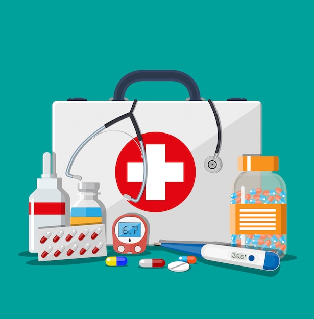 Medical first aid kit with pills and devices