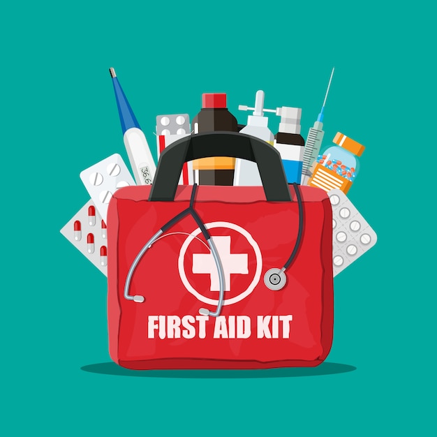 Medical first aid kit with pills and thermometer