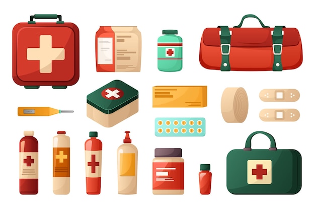 Vector medical first aid set this is a flat cartoonstyle design of a set of medical first aid elements