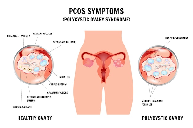 医療婦人科 インフォグラフィック PCOS 症状 多囊性卵巣症候群 ベクトルイラスト