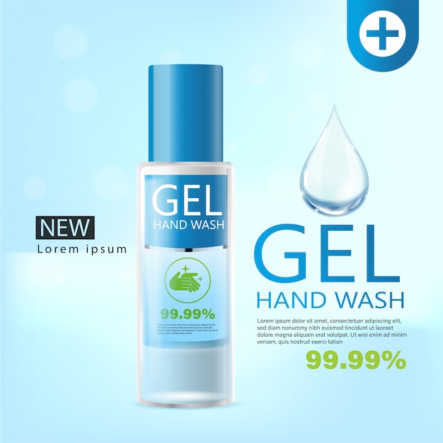 medical hand wash gel ads, clear bottle in 3d illustration