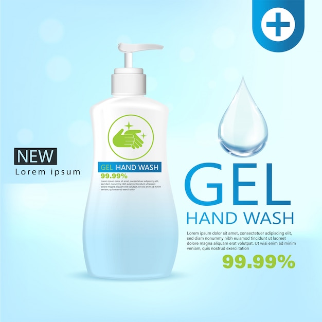 medical hand wash gel ads, clear bottle in 3d illustration