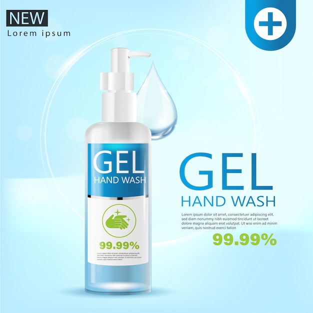 medical hand wash gel ads, clear bottle in 3d illustration