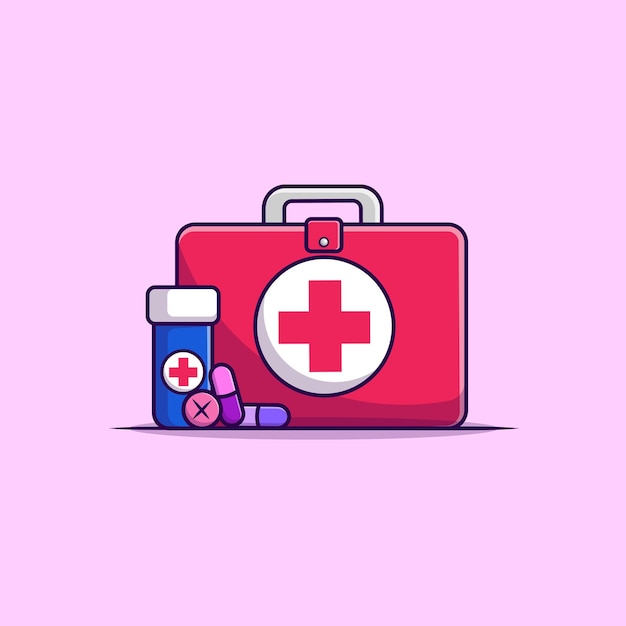 医療健康バッグ瓶と丸薬漫画ベクトル アイコン イラスト