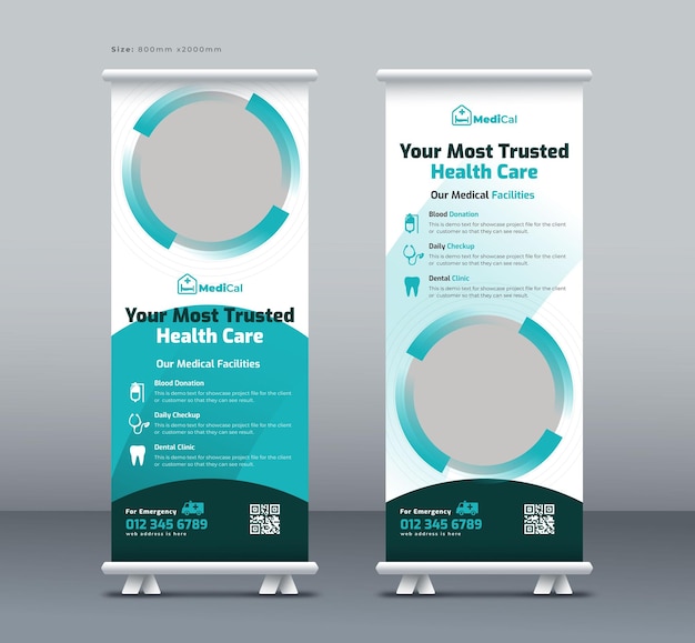 Vector medical health care roll up banner business roll up banner pull up banner or x banner template