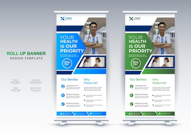 Medical health care roll up banner design editable template