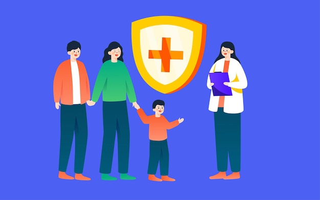 Medical health character illustration family medical insurance\
critical illness insurance policy