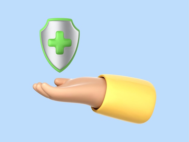Вектор Медицинская концепция здоровья 3d мультфильм рука держит щит с крестом на синем фоне концепция скорой помощи и здравоохранения векторная 3d иллюстрация