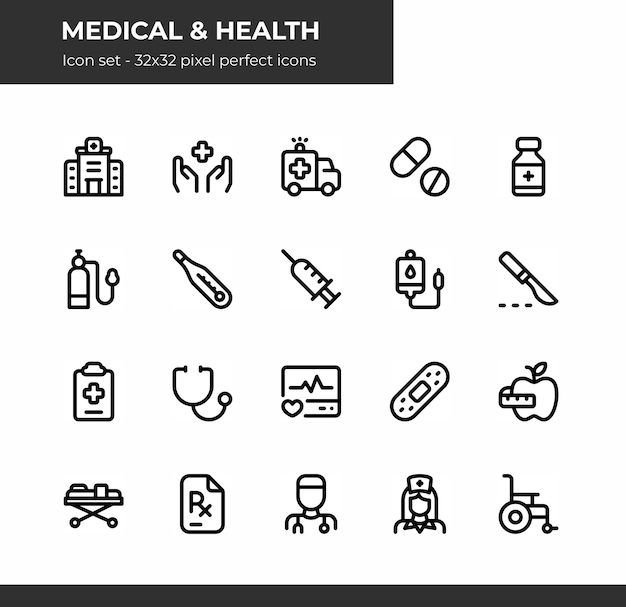 Medical and health icons set simple line icons and editable stroke in 32 x 32 pixel perfect