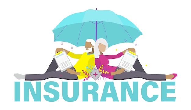 Vector medical and health insurance concept for well-being of elderly. senior couples with an insurance policy and protective umbrella. flat vector illustration.